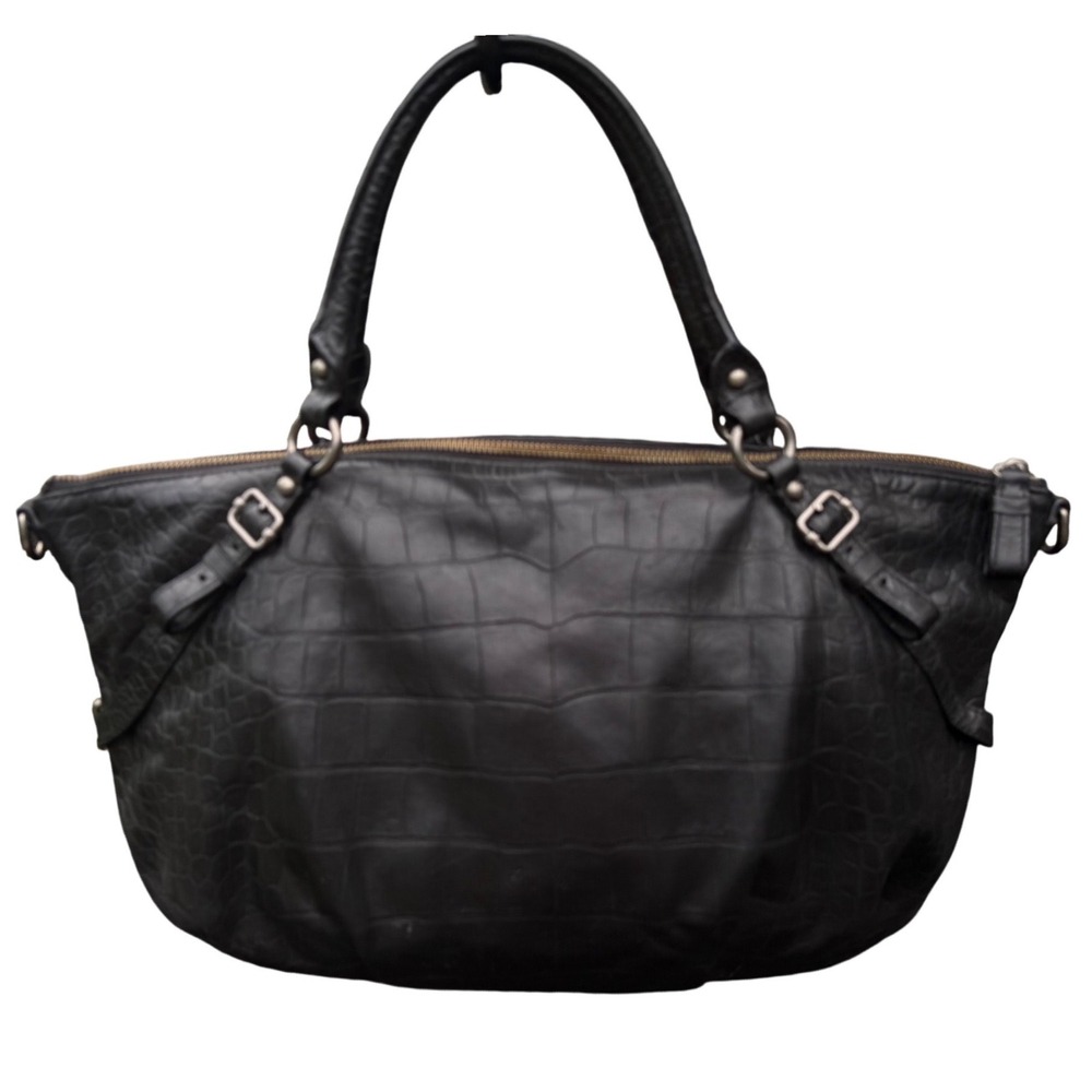 COACH Madison Sophia Satchel, Black Croc-Embossed Leather, Silver Hardware